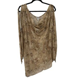 Thrill Sheer Blouse 3X Tan Floral Open Shoulder